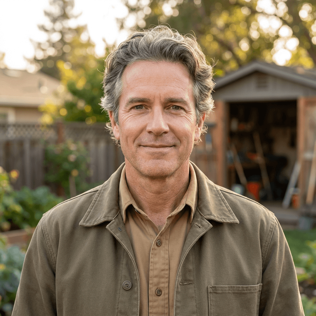 male homeowner in his late 40s White friendly smile in suburban front yard
