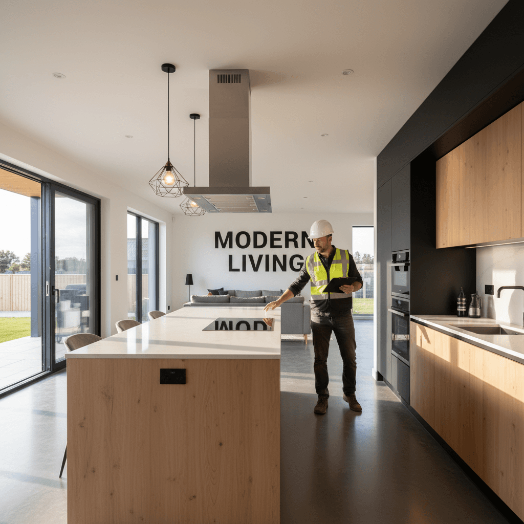 General contractor inspecting a modern kitchen remodel with open floor plan