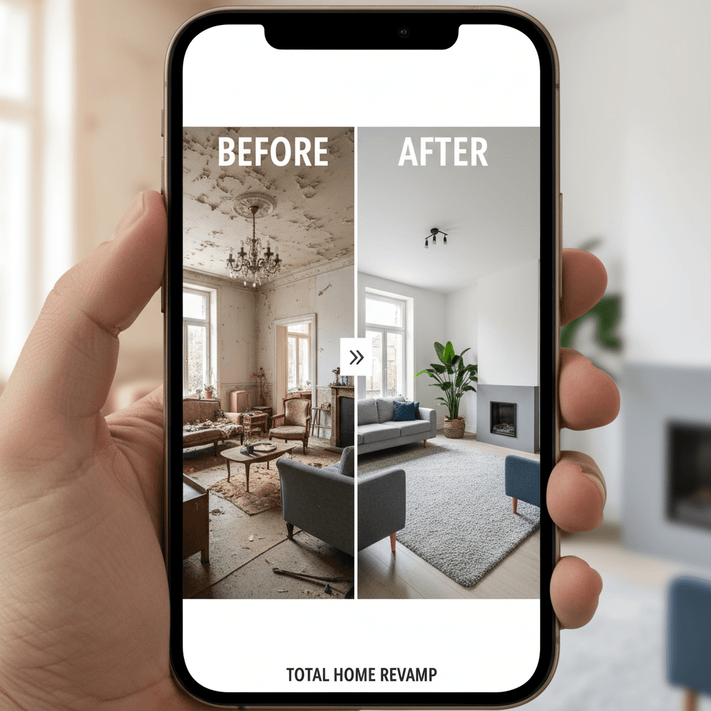 Before and after photos of a home renovation on a smartphone screen