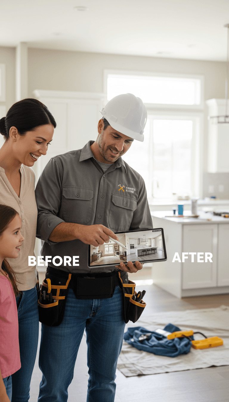 Contractor showing project photos to a client