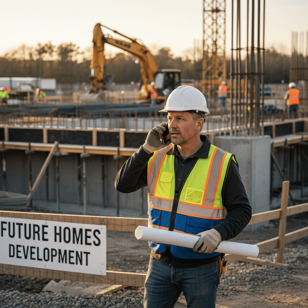 Contractor speaking on a phone at a construction site