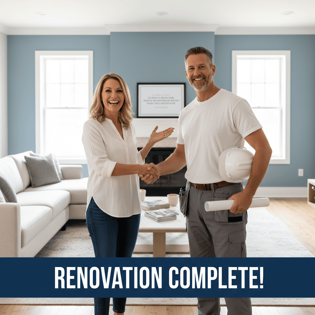 Homeowner shaking hands with a contractor after a renovation