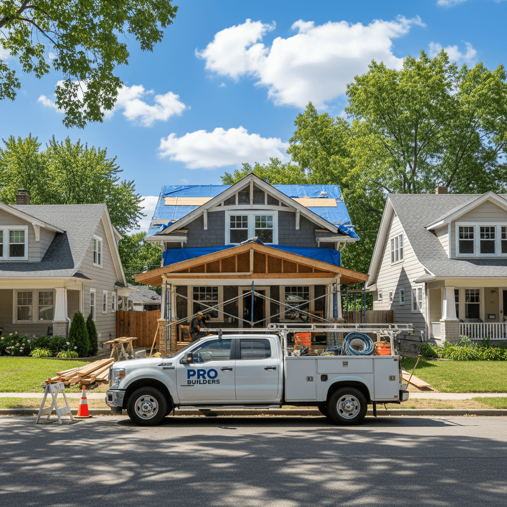 Residential neighborhood with a home under renovation