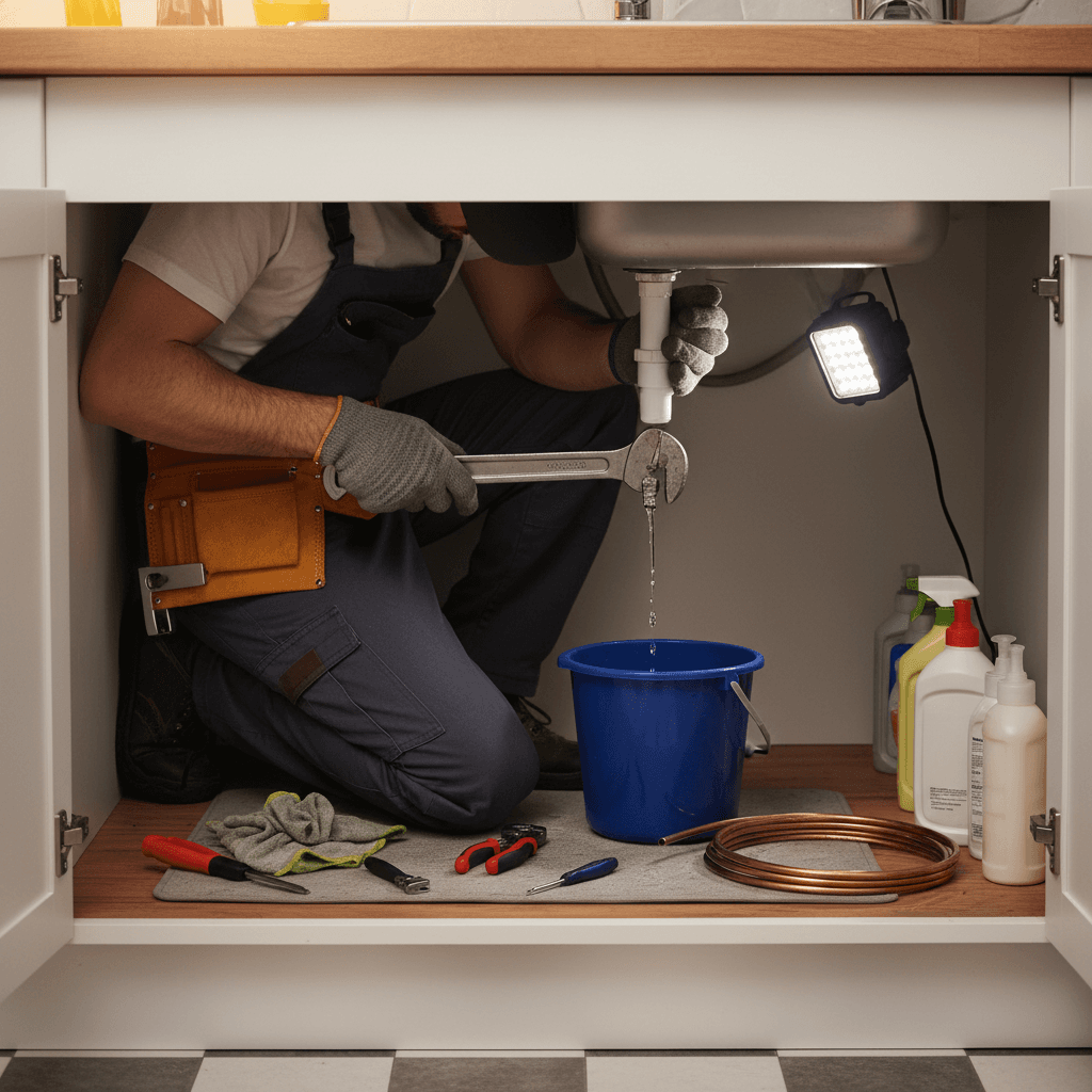 Plumber repairing a leaky faucet under a kitchen sink