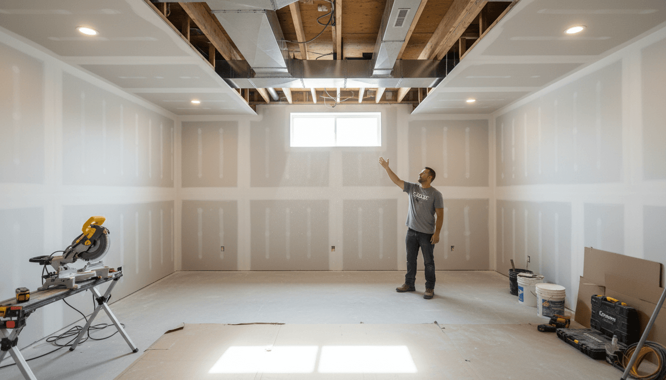 Basement finishing project with new flooring and painted walls