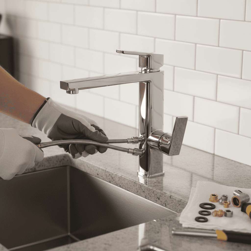 Plumber installing a new faucet in a modern kitchen