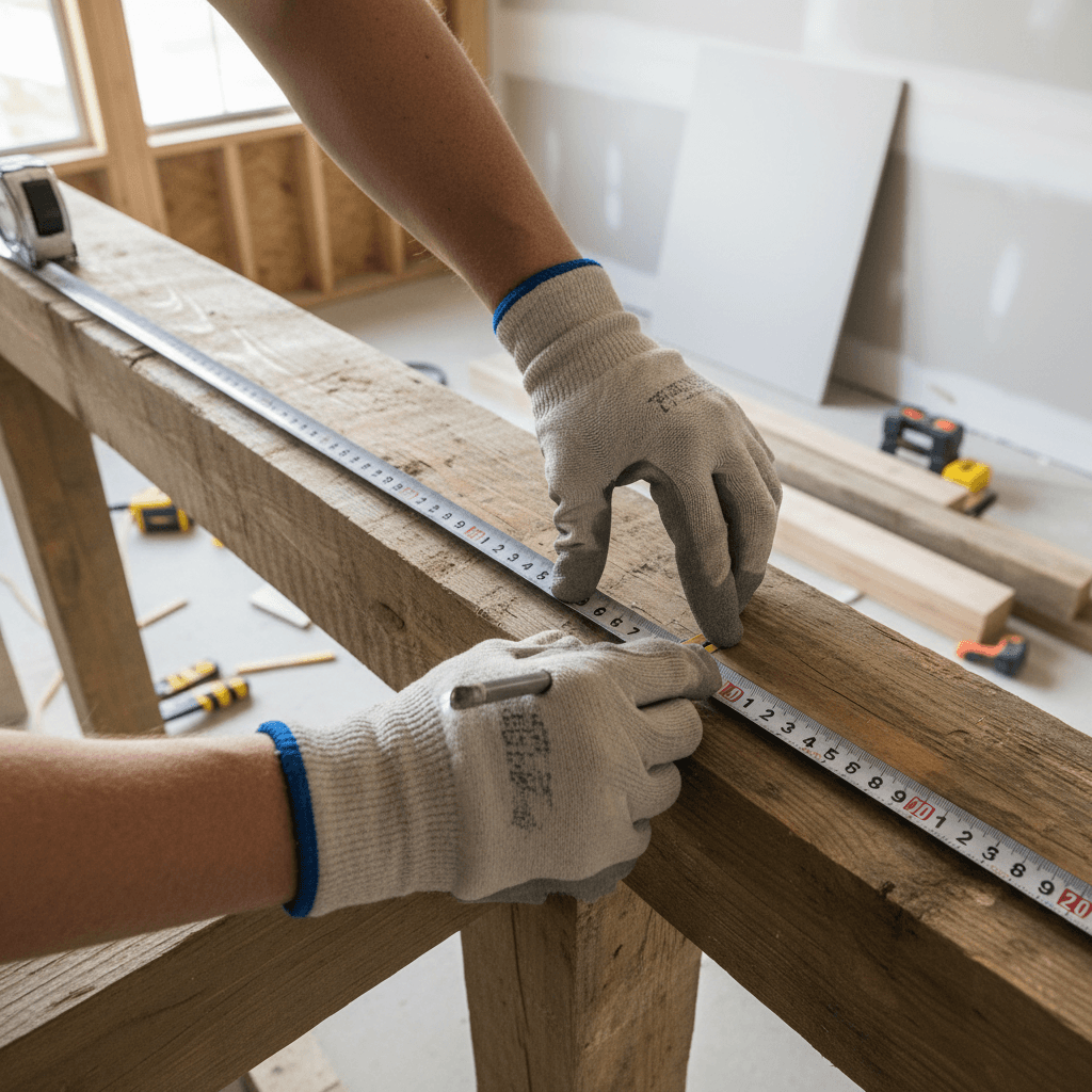 Contractor measuring wood on a renovation site