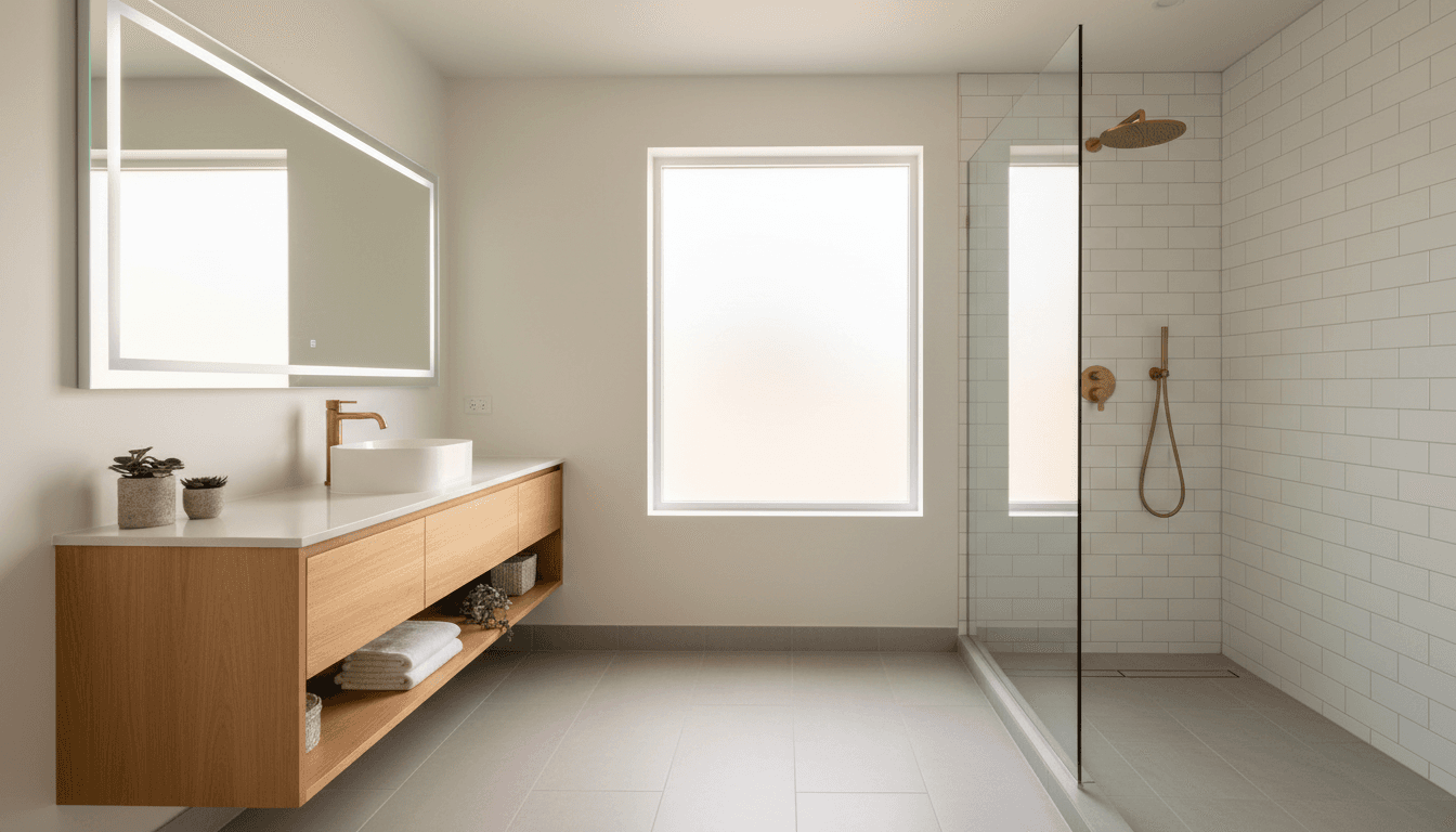 Modern bathroom remodel with new tile and vanity being installed