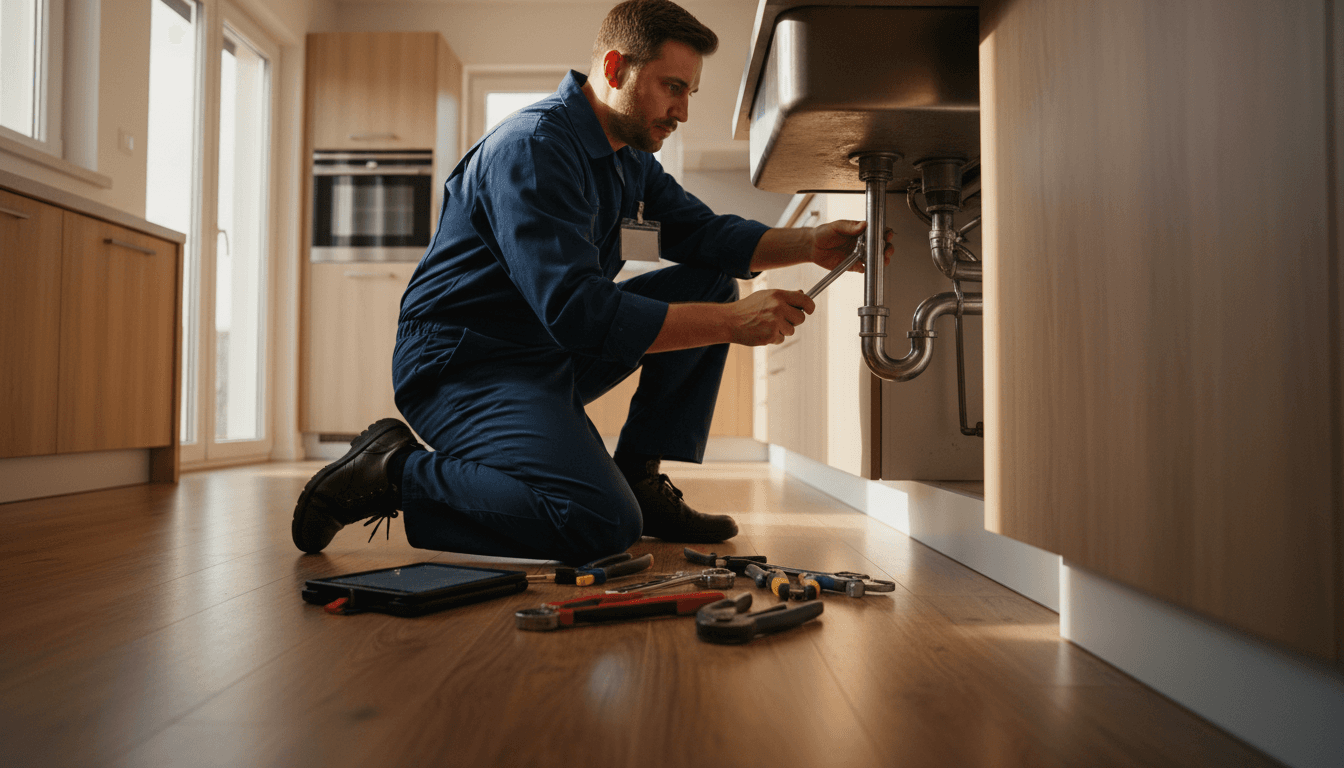 Plumber fixing pipes under a sink