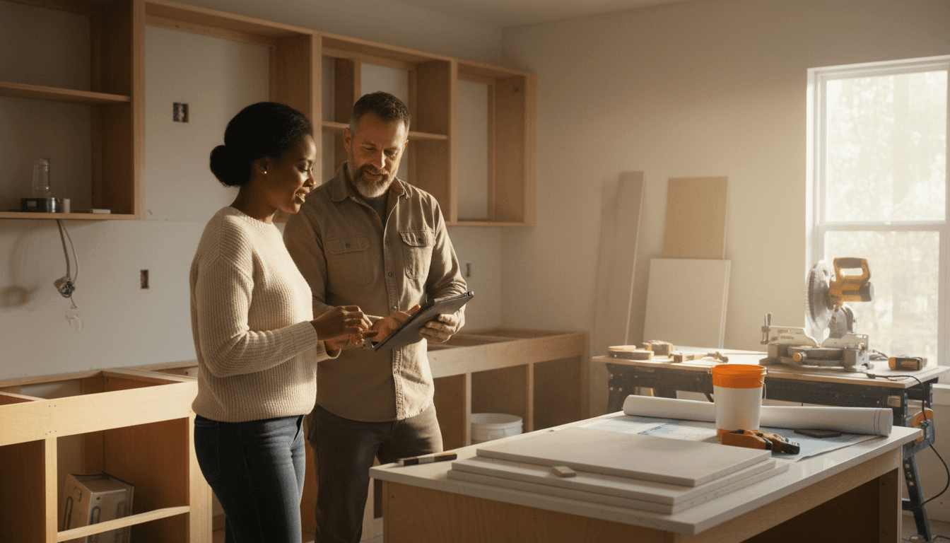 Peter showing a homeowner the finished work on a bathroom remodel