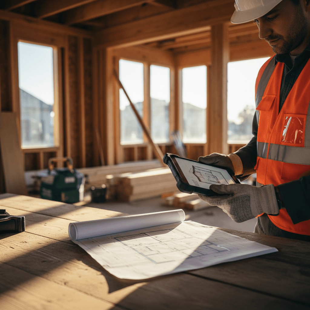 construction contractor talking on phone at remodeling job site
