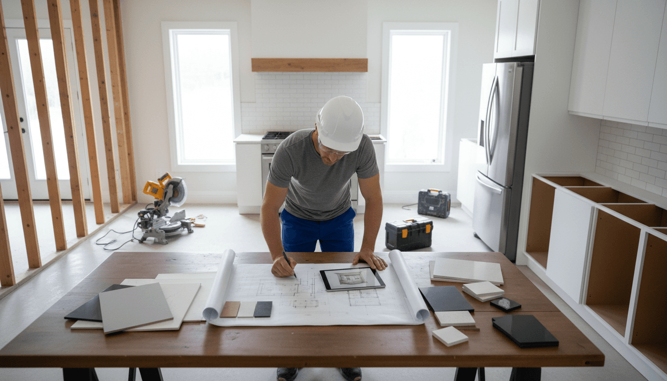 Contractor reviewing renovation plans with client in kitchen