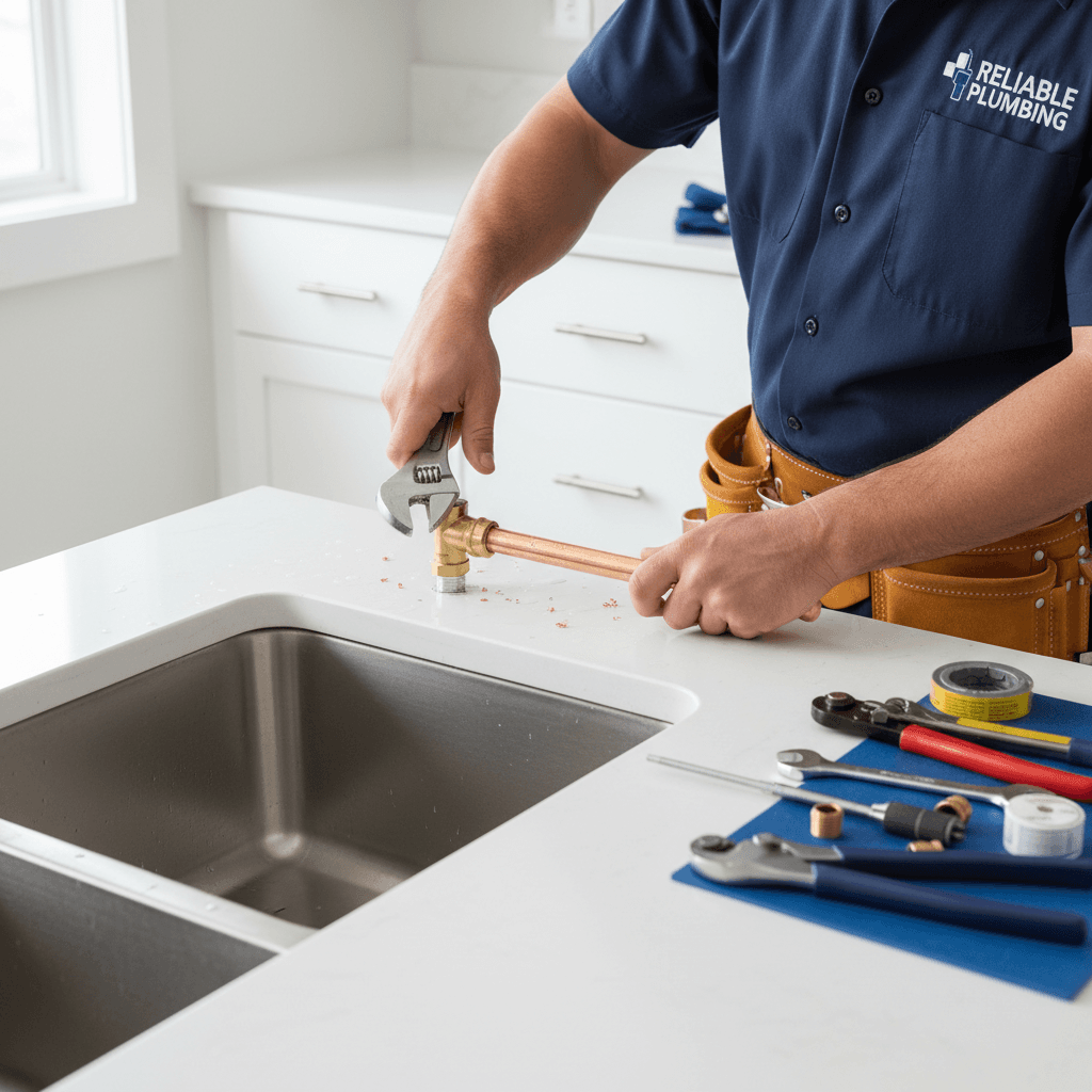 plumber holding pipe wrench in residential kitchen