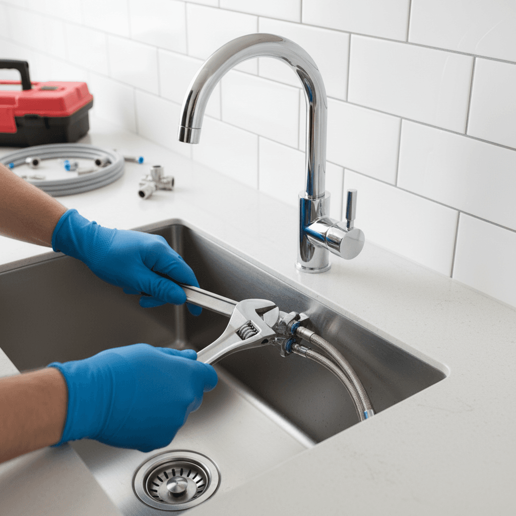 Close-up of a plumber's hands installing a new faucet